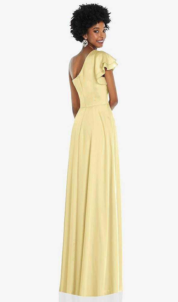 Back View - Pale Yellow Draped One-Shoulder Flutter Sleeve Maxi Dress with Front Slit