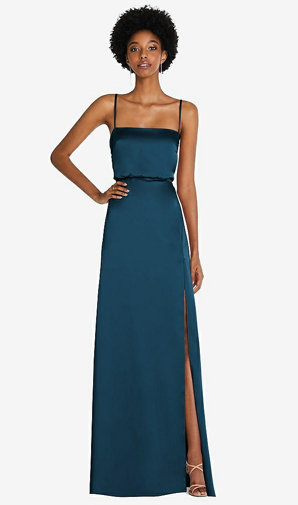 Front View - Atlantic Blue Low Tie-Back Maxi Dress with Adjustable Skinny Straps