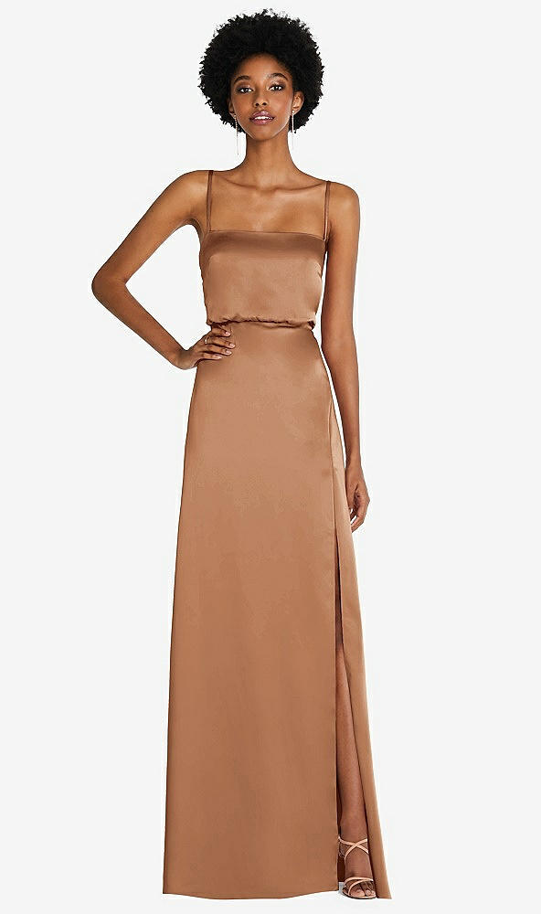 Front View - Toffee Low Tie-Back Maxi Dress with Adjustable Skinny Straps