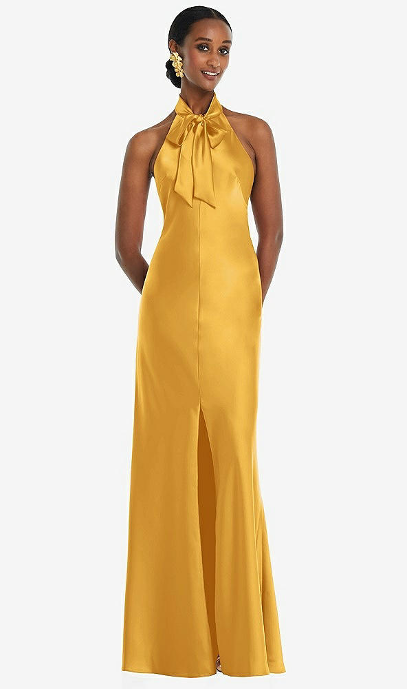 Front View - NYC Yellow Scarf Tie Stand Collar Maxi Dress with Front Slit