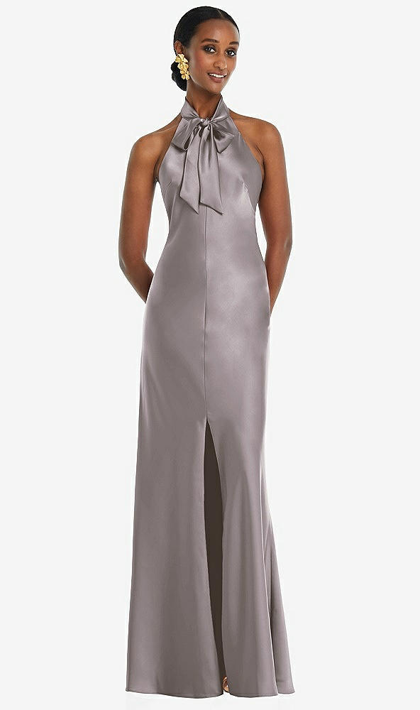 Front View - Cashmere Gray Scarf Tie Stand Collar Maxi Dress with Front Slit