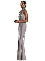 Side View Thumbnail - Cashmere Gray Scarf Tie Stand Collar Maxi Dress with Front Slit