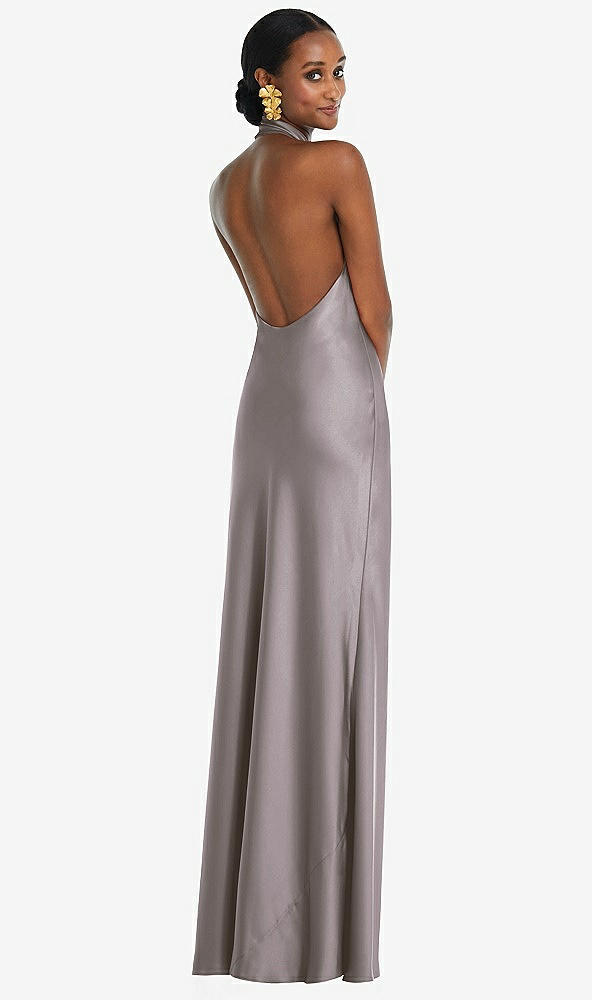 Back View - Cashmere Gray Scarf Tie Stand Collar Maxi Dress with Front Slit
