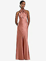 Front View Thumbnail - Desert Rose Scarf Tie Stand Collar Maxi Dress with Front Slit