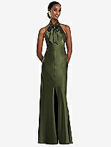 Front View Thumbnail - Olive Green Scarf Tie Stand Collar Maxi Dress with Front Slit