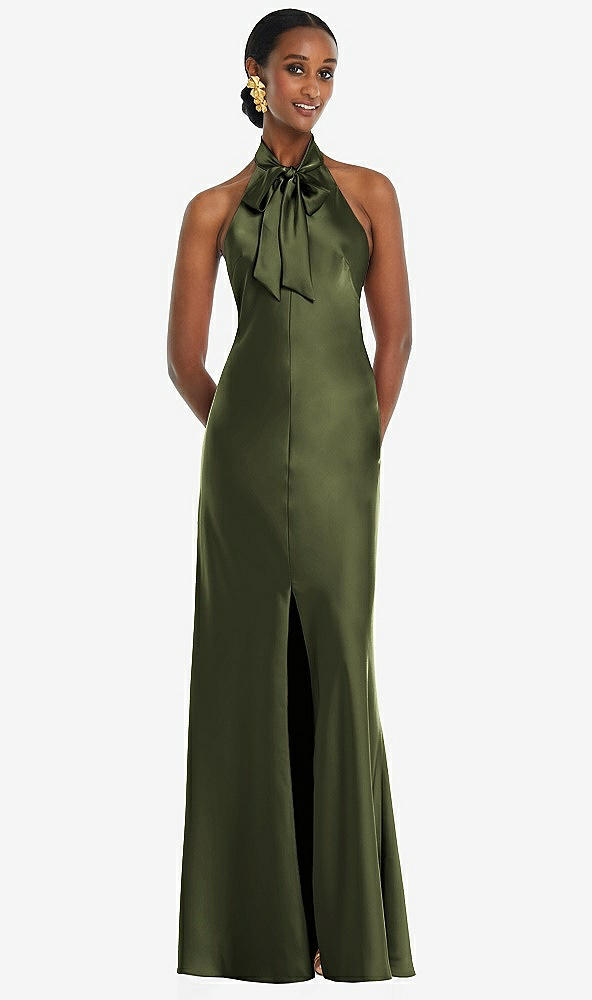 Front View - Olive Green Scarf Tie Stand Collar Maxi Dress with Front Slit