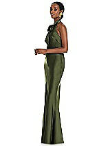 Side View Thumbnail - Olive Green Scarf Tie Stand Collar Maxi Dress with Front Slit