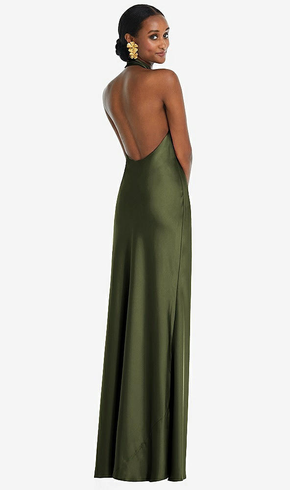 Back View - Olive Green Scarf Tie Stand Collar Maxi Dress with Front Slit