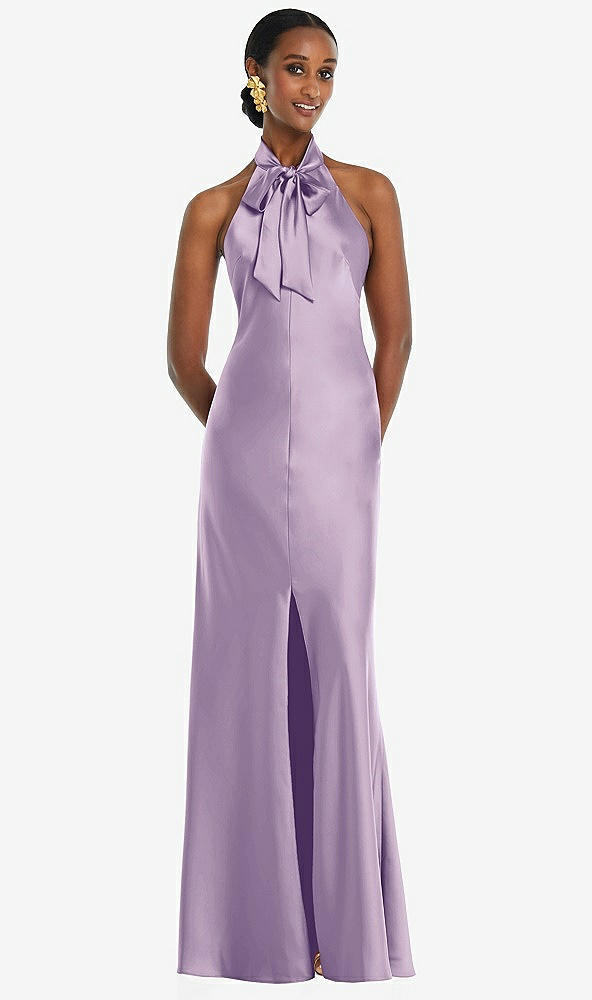 Front View - Pale Purple Scarf Tie Stand Collar Maxi Dress with Front Slit