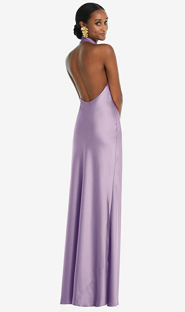 Back View - Pale Purple Scarf Tie Stand Collar Maxi Dress with Front Slit