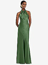 Front View Thumbnail - Vineyard Green Scarf Tie Stand Collar Maxi Dress with Front Slit