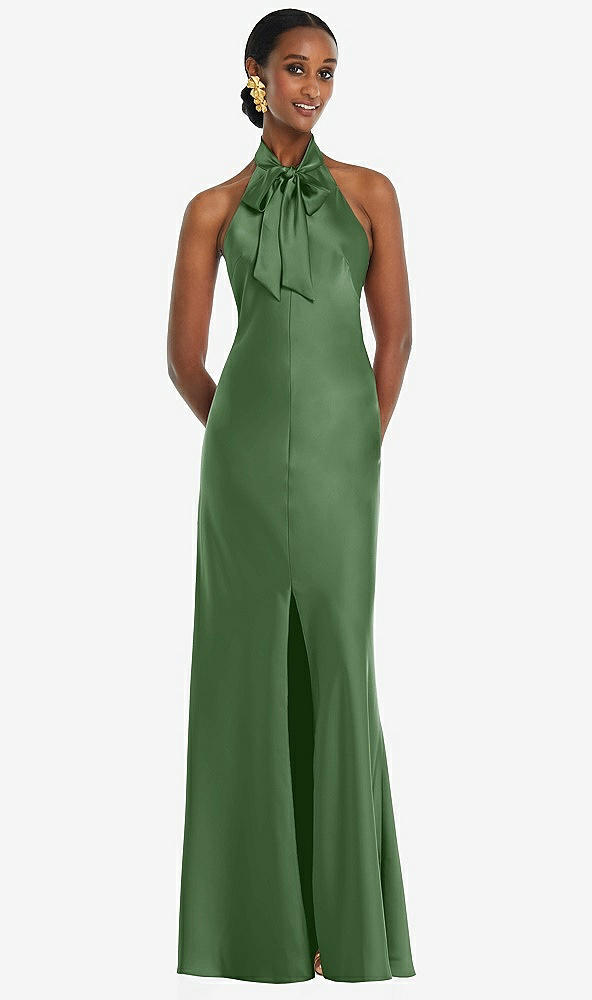 Front View - Vineyard Green Scarf Tie Stand Collar Maxi Dress with Front Slit