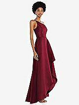 Alt View 2 Thumbnail - Burgundy One-Shoulder Satin Gown with Draped Front Slit and Pockets