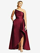 Front View Thumbnail - Burgundy One-Shoulder Satin Gown with Draped Front Slit and Pockets