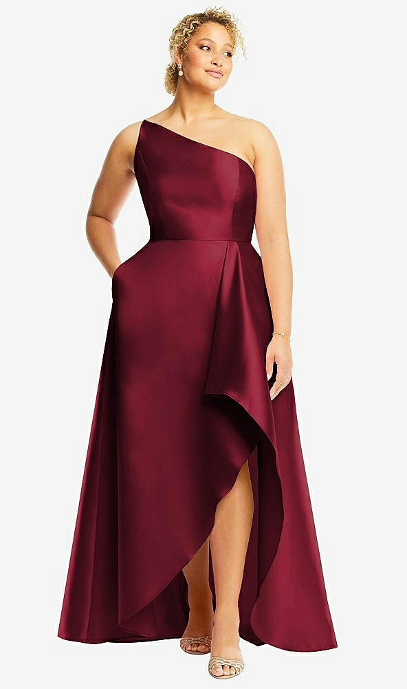 Front View - Burgundy One-Shoulder Satin Gown with Draped Front Slit and Pockets