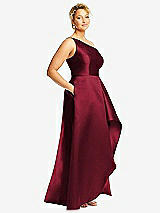 Side View Thumbnail - Burgundy One-Shoulder Satin Gown with Draped Front Slit and Pockets