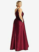 Rear View Thumbnail - Burgundy One-Shoulder Satin Gown with Draped Front Slit and Pockets