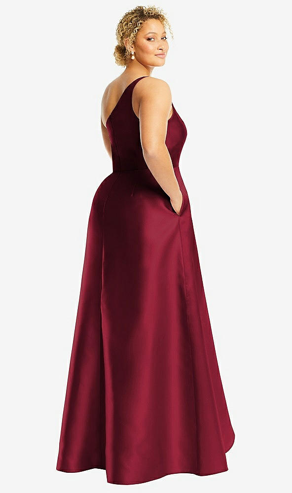 Back View - Burgundy One-Shoulder Satin Gown with Draped Front Slit and Pockets