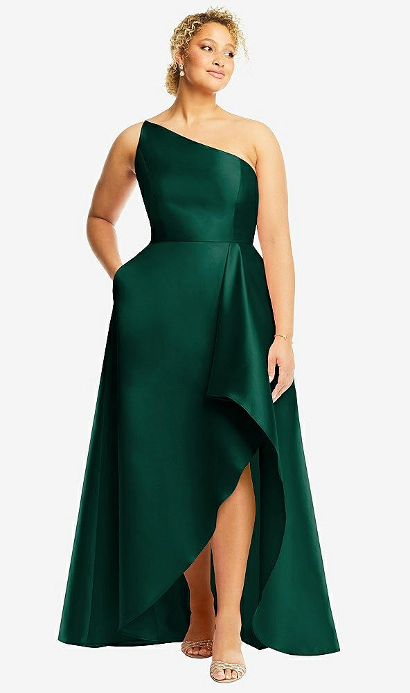 Front View - Hunter Green One-Shoulder Satin Gown with Draped Front Slit and Pockets