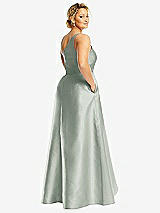 Rear View Thumbnail - Willow Green One-Shoulder Satin Gown with Draped Front Slit and Pockets