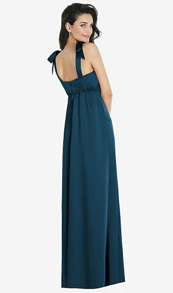 Back View - Atlantic Blue Flat Tie-Shoulder Empire Waist Maxi Dress with Front Slit