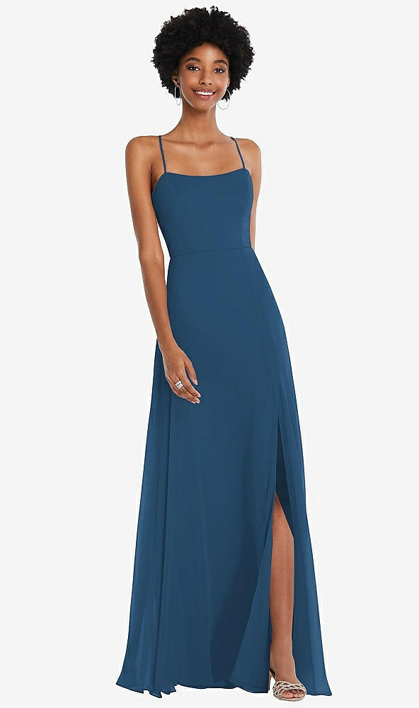 Front View - Dusk Blue Scoop Neck Convertible Tie-Strap Maxi Dress with Front Slit
