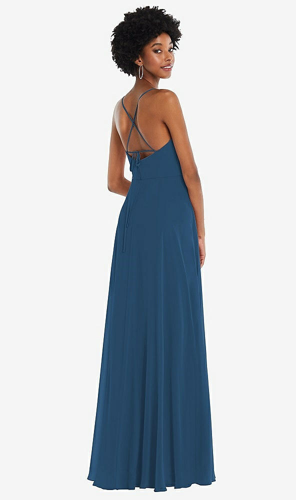 Back View - Dusk Blue Scoop Neck Convertible Tie-Strap Maxi Dress with Front Slit
