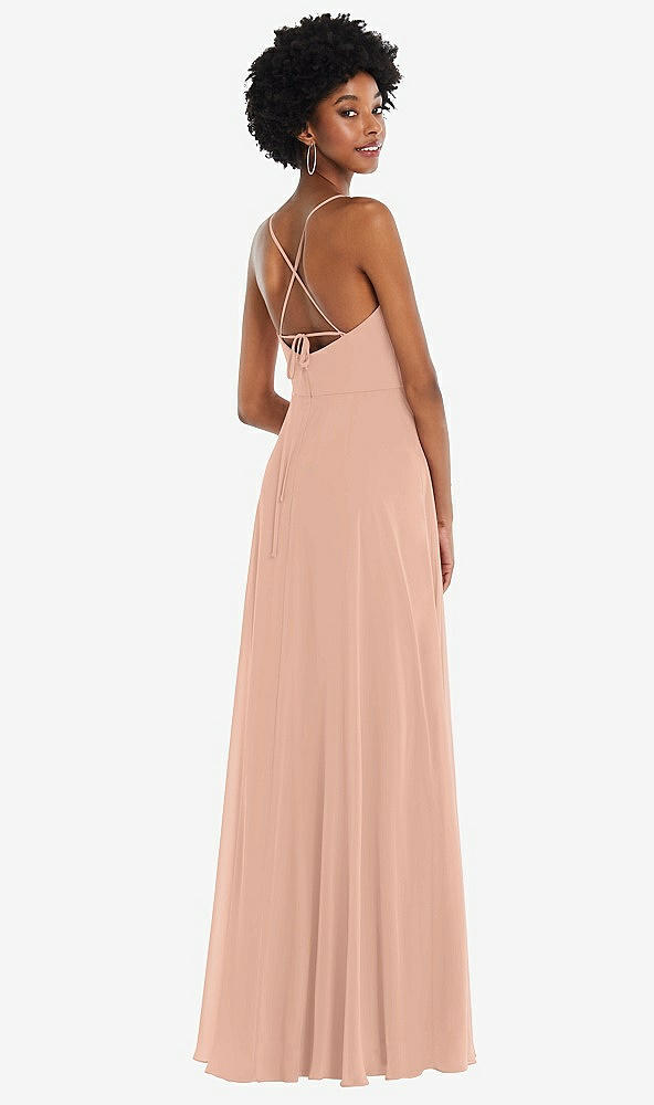 Back View - Pale Peach Scoop Neck Convertible Tie-Strap Maxi Dress with Front Slit