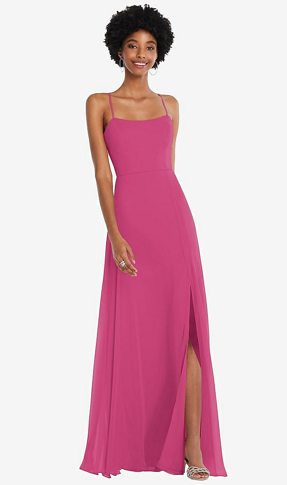 Front View - Tea Rose Scoop Neck Convertible Tie-Strap Maxi Dress with Front Slit