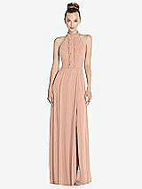 Front View Thumbnail - Pale Peach Halter Backless Maxi Dress with Crystal Button Ruffle Placket