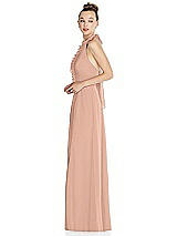 Side View Thumbnail - Pale Peach Halter Backless Maxi Dress with Crystal Button Ruffle Placket