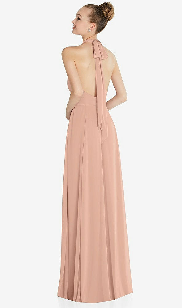 Back View - Pale Peach Halter Backless Maxi Dress with Crystal Button Ruffle Placket