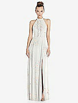 Front View Thumbnail - Spring Fling Halter Backless Maxi Dress with Crystal Button Ruffle Placket