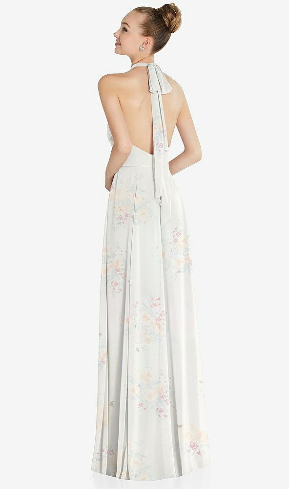 Back View - Spring Fling Halter Backless Maxi Dress with Crystal Button Ruffle Placket