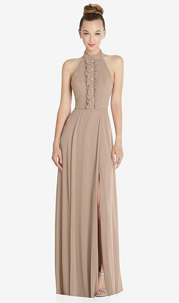 Front View - Topaz Halter Backless Maxi Dress with Crystal Button Ruffle Placket
