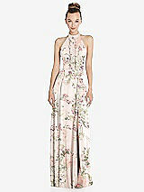 Front View Thumbnail - Blush Garden Halter Backless Maxi Dress with Crystal Button Ruffle Placket