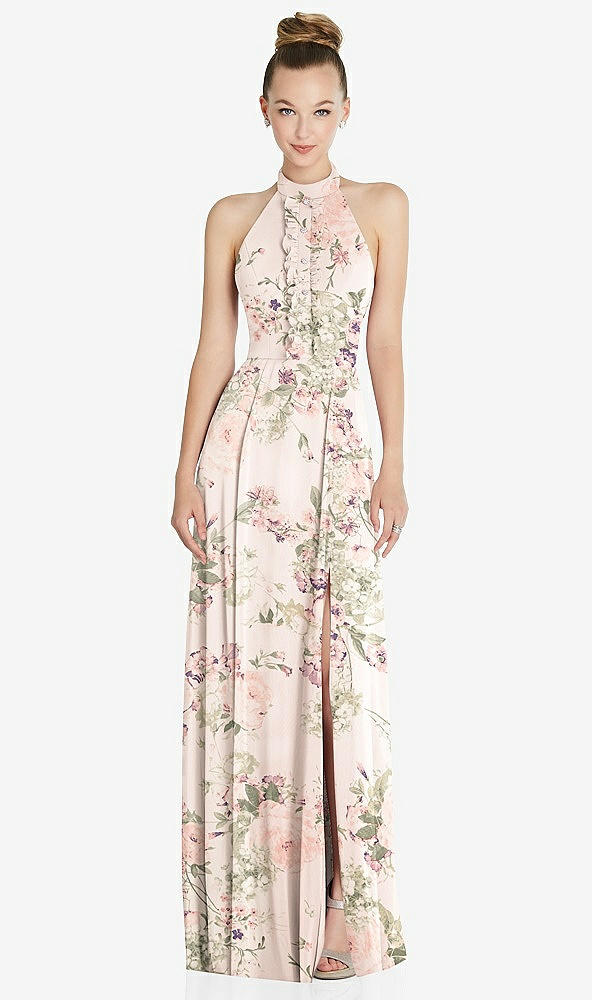 Front View - Blush Garden Halter Backless Maxi Dress with Crystal Button Ruffle Placket