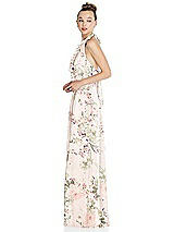 Side View Thumbnail - Blush Garden Halter Backless Maxi Dress with Crystal Button Ruffle Placket