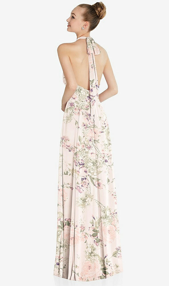 Back View - Blush Garden Halter Backless Maxi Dress with Crystal Button Ruffle Placket