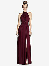 Front View Thumbnail - Cabernet Halter Backless Maxi Dress with Crystal Button Ruffle Placket