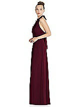 Side View Thumbnail - Cabernet Halter Backless Maxi Dress with Crystal Button Ruffle Placket