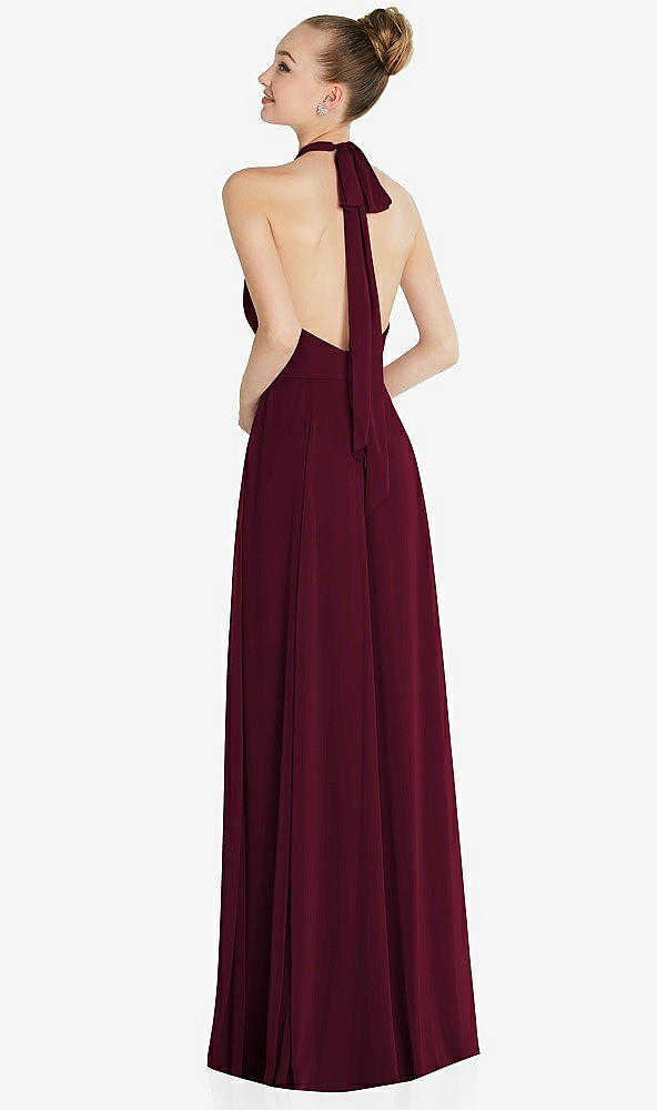 Back View - Cabernet Halter Backless Maxi Dress with Crystal Button Ruffle Placket