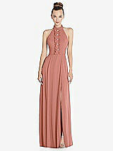 Front View Thumbnail - Desert Rose Halter Backless Maxi Dress with Crystal Button Ruffle Placket