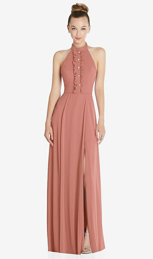 Front View - Desert Rose Halter Backless Maxi Dress with Crystal Button Ruffle Placket