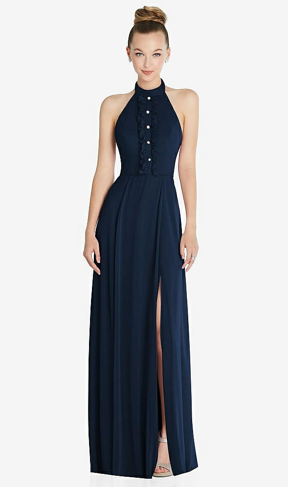 Front View - Midnight Navy Halter Backless Maxi Dress with Crystal Button Ruffle Placket