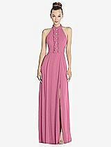 Front View Thumbnail - Orchid Pink Halter Backless Maxi Dress with Crystal Button Ruffle Placket