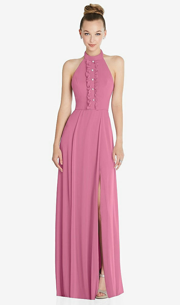 Front View - Orchid Pink Halter Backless Maxi Dress with Crystal Button Ruffle Placket