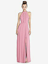 Front View Thumbnail - Peony Pink Halter Backless Maxi Dress with Crystal Button Ruffle Placket
