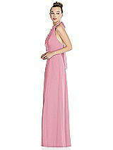 Side View Thumbnail - Peony Pink Halter Backless Maxi Dress with Crystal Button Ruffle Placket