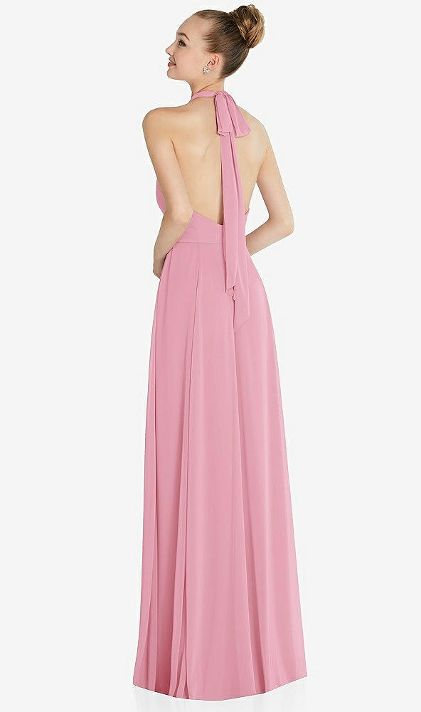Back View - Peony Pink Halter Backless Maxi Dress with Crystal Button Ruffle Placket